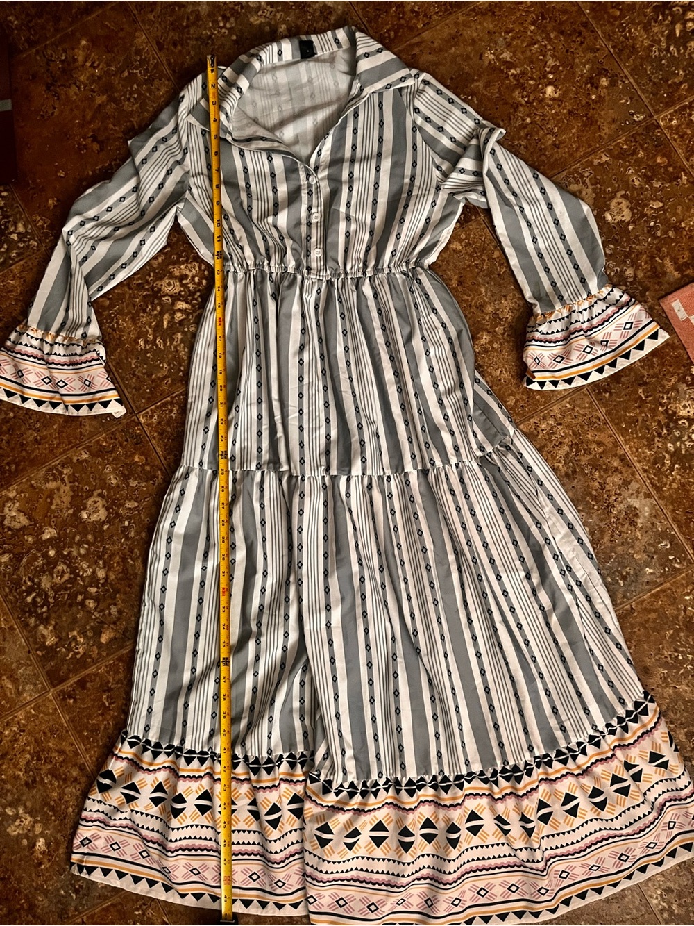 SHEIN White & Black Striped Maxi Dress with Printed Trim